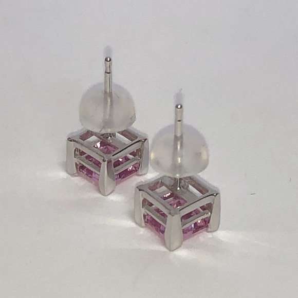 Real Solid 14K White Gold Princess Cut Pink Solitaire Gemstone Stud Earrings - Picture 11 of 12